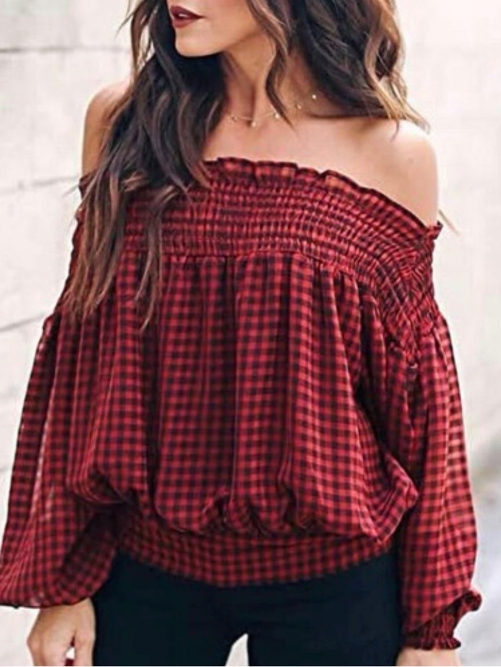 Vici Red Plaid Off-Shoulder Smocked Blouse